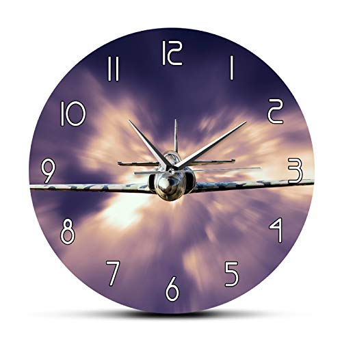 Reloj de Pared, Marca "OTKU" Reloj Silencioso de Pared con Diseño Moderno de 30cm de Diámetro con Impresión de Avión Militar de Combate Volando sobre Nubes