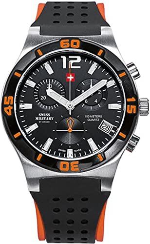 Reloj Analógico Swiss Military: Reloj Militar Suizo, Analógico de Cuarzo con Correa de Goma, Color Negro con Naranja