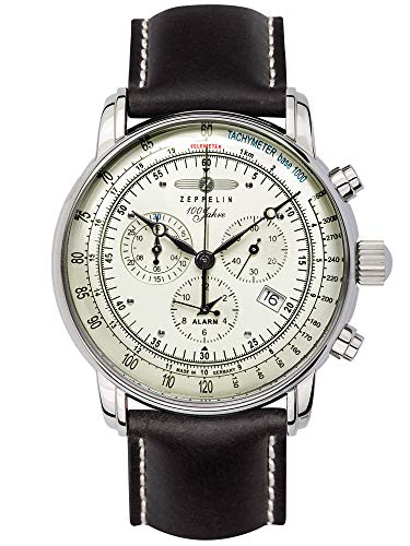 Reloj Analógico "Zeppelin chronograph 100 jahre": Reloj Analógico de Pulsera, con Movimiento de Cuarzo, Color Plateado con Correa de Piel Negra