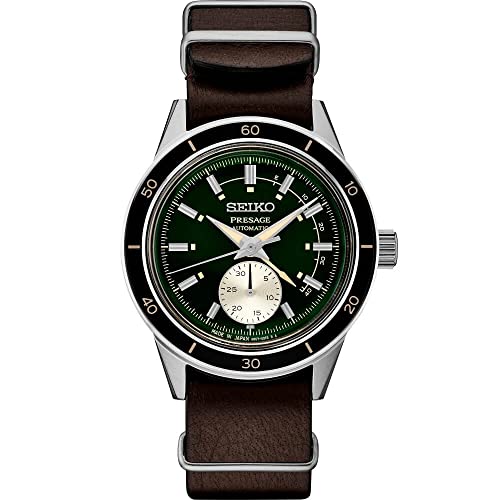 Reloj Seiko automático para hombre con reloj de pulsera de piel verde y correa de piel marrón.