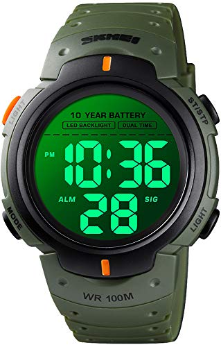 OEIPSMK - Reloj deportivo digital para hombre, pantalla LED, reloj electrónico grande, reloj militar electrónico simple, 100 m, resistente al agua, alarma, cronómetro, brillo nocturno (verde militar)