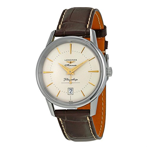 Reloj Longines Heritage Flagship para hombre con esfera plateada y correa de piel marrón, L47954782