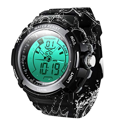 TEKMAGIC Reloj Deportivo Digital Sumergible 10 ATM hasta 100 Metros Resistente al Agua con Despertador y Cronógrafo Retroiluminación LED Integrado (W19-G)