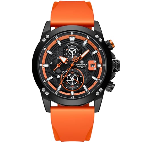 NAVIFORCE - Pulsera Analógica para Hombre, Diseño Creativo, Diseño Cronógrafo, Resistente al Agua, con Correa Luminosa de Silicona, para Hombre, Negro + Naranja, Moda