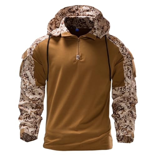 <center>Raspio Sudadera táctica Con Capucha y Cremallera de 1/4 para Hombre, Estilo Militar Ligero y Eláste, Con Camuflaje, Estilo de combate (marrón)</center>