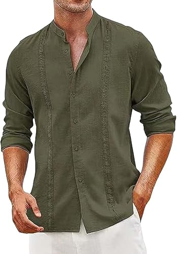 <center>Camisa Casual Con Botones para Hombre, Para End, Playa, Día Festivo, Algodón, Lino, Cúello de Pie, Para Trabajo, Para Negocios, Verde Militar, XX-Large</center>