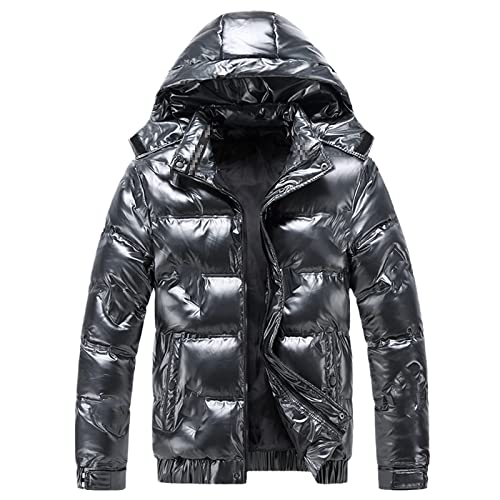 <center>Chaqueta de Invierno de Cuero Brillante para Hombre, casual, exterior parka, impermeable, acolchado cálido, con capucha, 9208-gris, medio</center>