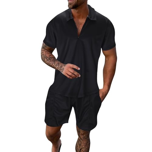 <center>Conjunto de 2 piezas básico para hombre, casual, color liso, con cierre y cuarto, conjunto de jugador y pantalones cortos, Chándal de vano para correr, negro -, xx -largar</center>
