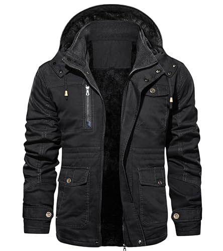 <center>Eklentson Abrigos de Invierno para Hombre, Foro Polar, Con Múltiples Bolsillos, Chamarra de Parka de Algodón Geso Con Capucha extra, negro, Groß</center>
