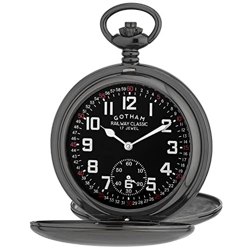 Gotham - Reloj de Bolsillo Mecánnico para Hombre, Esfera de Ferrocarril, Doble Cazador 17 Joyas, # GWC18806BBK, Mecánnico