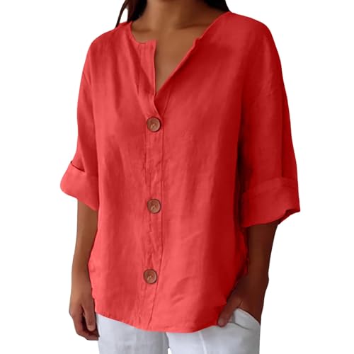 <center>Oubthippe -Playera de Manga 3/4 para Mujer, Camisa Casual de Lino de Algodón para, Decoración de Botones de Moda, Camisa de Playa Para Día Festivo, Rojo, 5x -Large</center>
