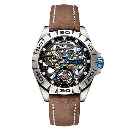 RELOJ DE PULSERA ANALÓGICO DE TITANIO para Hombre Con Correa Autica de 50 M, Resistant Al Agua, de 40 mm, color negro, Azul/Cuero Marrón