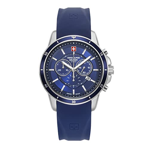 Swiss Alpine Military 7089.9 - Reloj de Pulsera para Hombre, Cronógrafo, Analógico, Cuarzo, Silicona, Acero/Azul - 9835 Sam, Correa