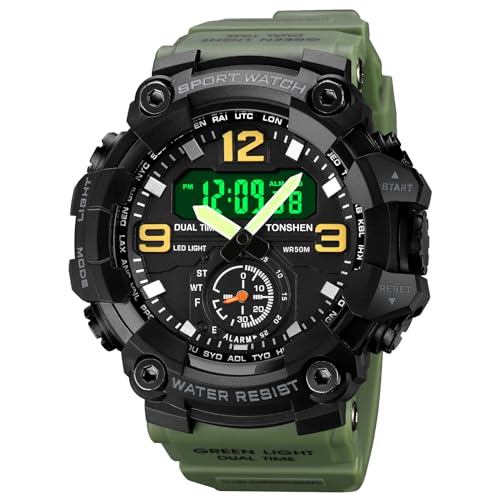 Tonshen relaj Deportivo Para Hombre, para exteriores, militar, Al Agua resistente, LED, Analógico, Cuarzo, Tres Horas, Reloj Digital, Alarma, Cuenta Rugressiva, Verde, Correa