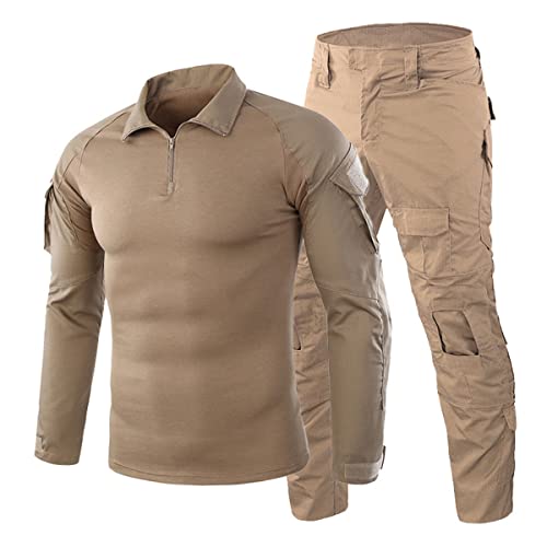 <center>Traje de Camuflaje Hombres Combate uniforme Chaqueta Táctica Camo Militares Camisa y Pantalones para Woodland Hunting Airsoft, Beige, M.</center>