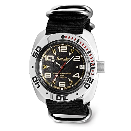 Vostok - Reloj de Pulsera Autico de Anfibios Con Cuerda Automática para Buseador Ruso | WR 200 m | Anfibia 710335 | Relaj mecánico de 40 mm | Puntos Luminosos, Negro, Buveador