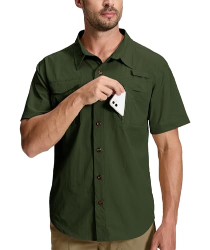 <center>Wentuo - Camisa de Manga Corta Con Botones para Hombre Upf50+ De Secado Rápido, Ligera, Con Bolsilllos Con Cierre, Verde Militar, pequeño</center>