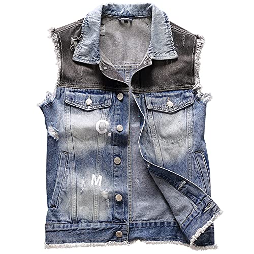 <center>Xindsjds Chaleco de Mezclilla para Hombre Constampado de Agujero, Color Neger y Azul, Azul / Patchwork, X-Large</center>