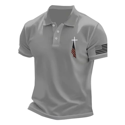 <center>Camisas Polo de Manga Corta para Hombre, Con Bandera Americana, 4 de Julio, Cruz Cristiana, Bandera de Estados Unidos, Camisetas Patriótica 2025, B-Gris, XX-Large</center>