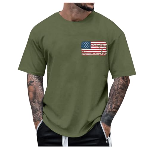 <center>Camisas para Hombre, Iseño de Bandera del Día de la Independencia Constampado Digital 3D, Cuello Redondo, Manga Corta, Verde Militar, XX-Large</center>
