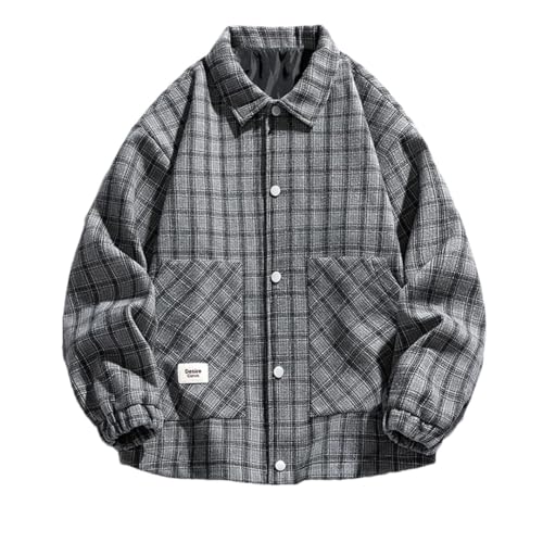 <center>Chamarra a cuadros para hombre, chamarra de lana harajuku, chamarra de primavera y otoño a cuadros, ropa exterior para hombre, gris 9 3xl (90 a 100 kg), gris9, 3x grande</center>