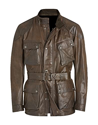 <center>Chamarra de Piel de Cordero REAL PARA MOTOCricleta Con Cinturón de Benjamin para Hombre, Estilo Militar, Color Bronceado, Café Crujiente, X-Small</center>